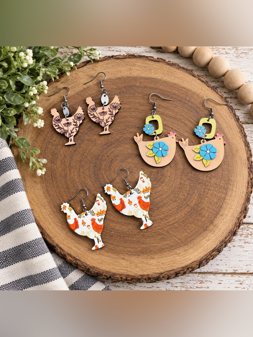 Set of 3 Wooden Chicken Earrings
